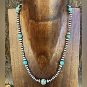 Southwestern Sterling Silver Turquoise 4mm Pearls Bead Necklace. 24 Inch. Gift